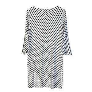 Chicos Striped Flare Sleeve Sheath Dress Women's L 12/14 Bell Jersey Midi sz 2